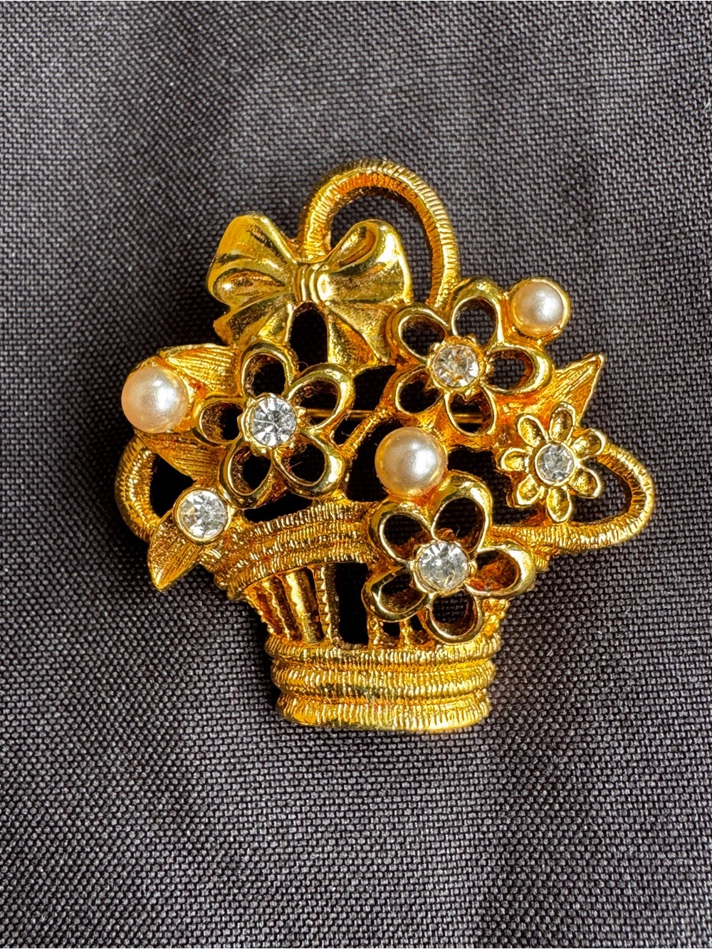 Vintage Gold Tone Flower Basket Brooch with Pearls and Crystals